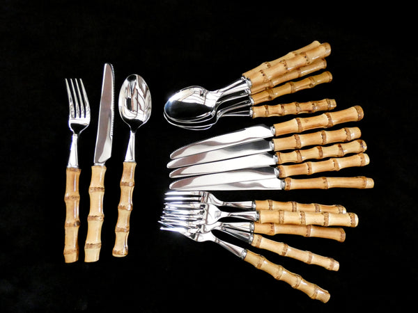 18 pcs. Bamboo Handle Cutlery, Bamboo and Stainless Steel Flatware , Natural Bamboo Utensils, Bamboo Silverware