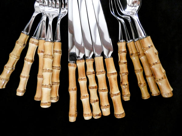 18 pcs. Bamboo Handle Cutlery, Bamboo and Stainless Steel Flatware , Natural Bamboo Utensils, Bamboo Silverware