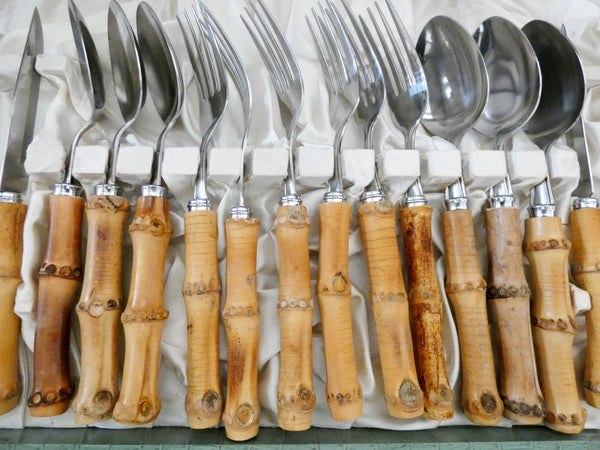 24 pcs.Vintage Bamboo Handle Cutlery France, Bamboo Handle Flatware Set, Natural Bamboo and Stainless Steel Dinner Set, France 60s