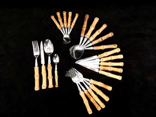24 pcs.Vintage Bamboo Handle Cutlery France, Bamboo Handle Flatware Set, Natural Bamboo and Stainless Steel Dinner Set, France 60s