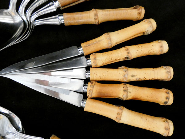 24 pcs.Vintage Bamboo Handle Cutlery France, Bamboo Handle Flatware Set, Natural Bamboo and Stainless Steel Dinner Set, France 60s