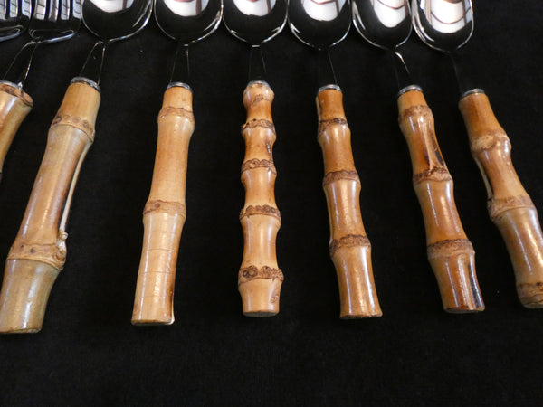 Bamboo Handle Flatware Dessert Set, Bamboo Handle Teaspoon, Vintage Bamboo Cake Server, Bamboo Handle Salad Server Set