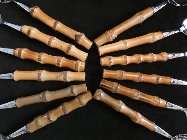 Bamboo Handle Flatware Dessert Set, Bamboo Handle Teaspoon, Vintage Bamboo Cake Server, Bamboo Handle Salad Server Set