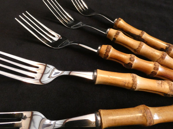 Bamboo Handle Flatware Dessert Set, Bamboo Handle Teaspoon, Vintage Bamboo Cake Server, Bamboo Handle Salad Server Set