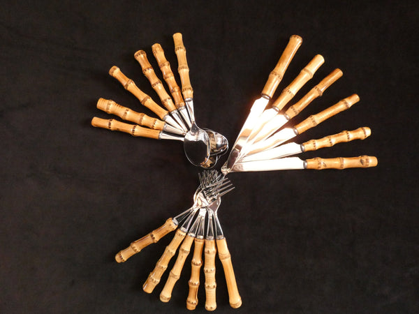 18 pcs. Bamboo Handle Cutlery, Bamboo and Stainless Steel Flatware , Natural Bamboo Utensils, Bamboo Silverware