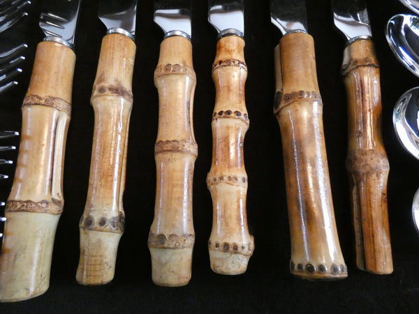 Set of 18 Vintage Bamboo Handle Flatware Set, Natural Bamboo Handles Cutlery and Stainless Steel , Handmade Bamboo Handle Dinner Set