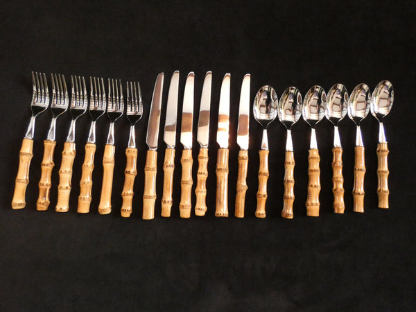 Set of 18 Vintage Bamboo Handle Flatware Set, Natural Bamboo Handles Cutlery and Stainless Steel , Handmade Bamboo Handle Dinner Set