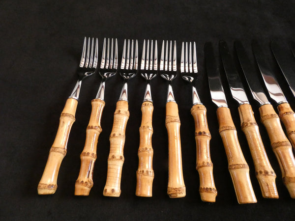 18 pcs. Bamboo Handle Cutlery, Bamboo and Stainless Steel Flatware , Natural Bamboo Utensils, Bamboo Silverware