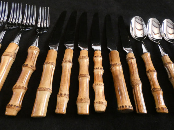 Set of 18 Vintage Bamboo Handle Flatware Set, Natural Bamboo Handles Cutlery and Stainless Steel , Handmade Bamboo Handle Dinner Set