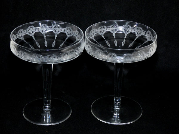 2 Vintage French Crystal Engraved Champagne Glasses, Retro Engraved Champagne Coupes, Made in France 1920s, Antique Champagne Saucers