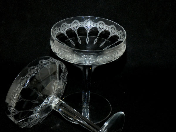2 Vintage French Crystal Engraved Champagne Glasses, Retro Engraved Champagne Coupes, Made in France 1920s, Antique Champagne Saucers
