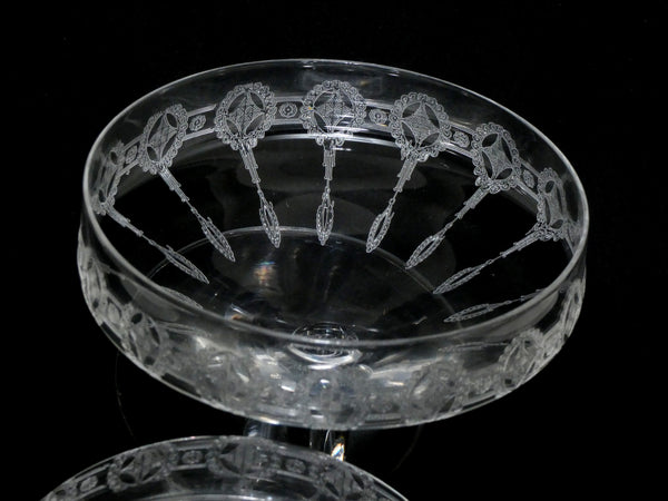 2 Vintage French Crystal Engraved Champagne Glasses, Retro Engraved Champagne Coupes, Made in France 1920s, Antique Champagne Saucers