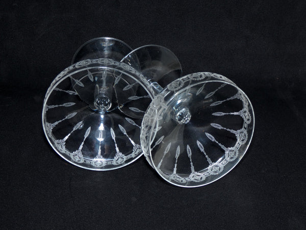 2 Vintage French Crystal Engraved Champagne Glasses, Retro Engraved Champagne Coupes, Made in France 1920s, Antique Champagne Saucers