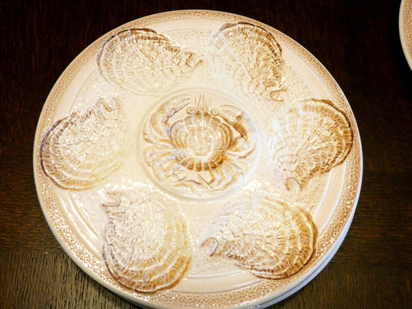 6 Vintage Oyster Plates Faience Majolica Sarreguemines France, Seashell Dinnerware French Sarreguemines Majolica, Antique Oyster Platters