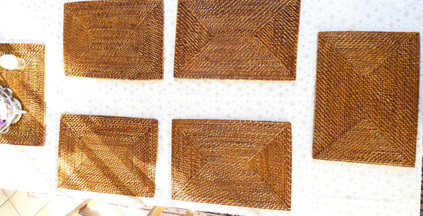 Set of 6 Vintage Rectangular Rattan Chargers, Rustic Rattan Coasters, Handmade Rattan Placemats