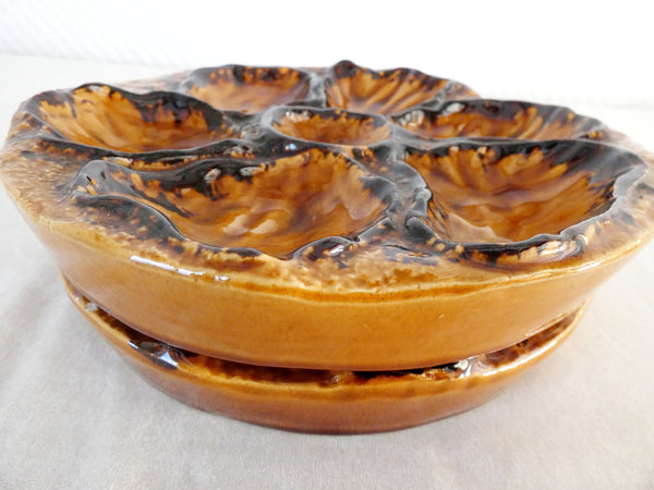 2 Vintage French Oyster Plates, Rare Brown Oyster Serving Dish, French Ceramic Oyster Platter, Pottery Oyster Tray, Vintage Seafood Plate,