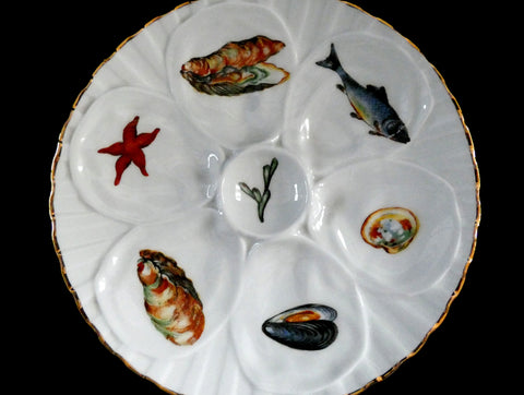 3 Vintage Pillivuyt Oyster Plate French White Porcelain Gold Rim Crustacean Decor Rare Oyster Platter 60s