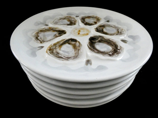 6 Vintage St Amand France Oyster Plates, White, Brown and Gray hand painted Majolica Ceramic, circa 1950