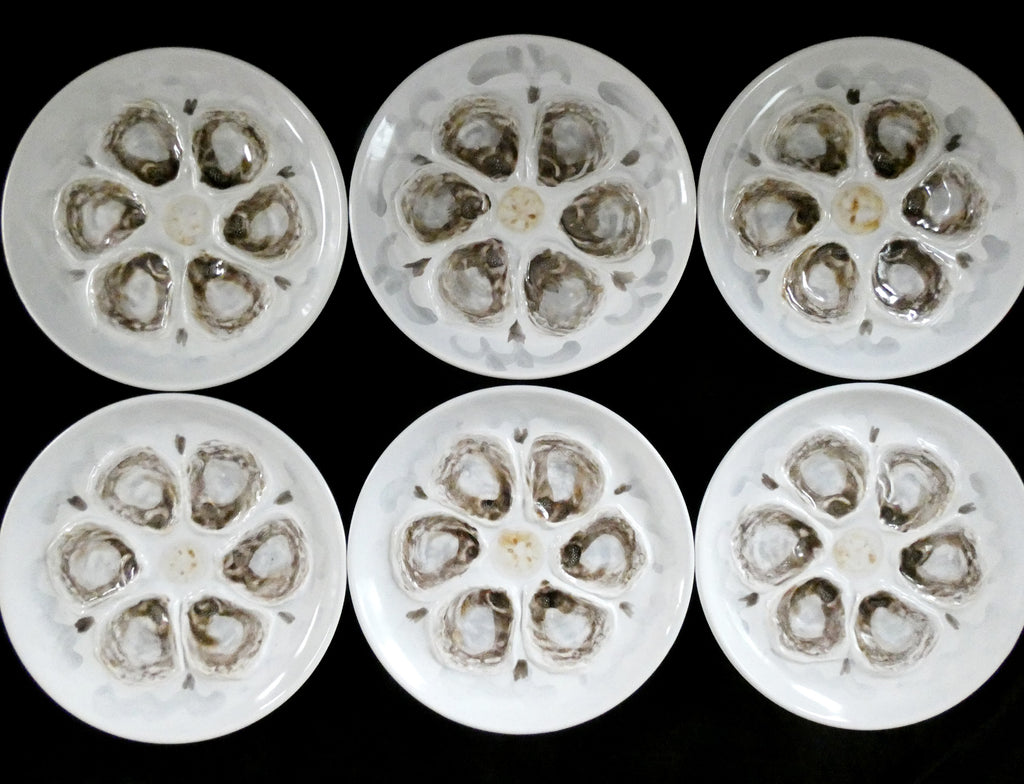6 Vintage St Amand France Oyster Plates, White, Brown and Gray