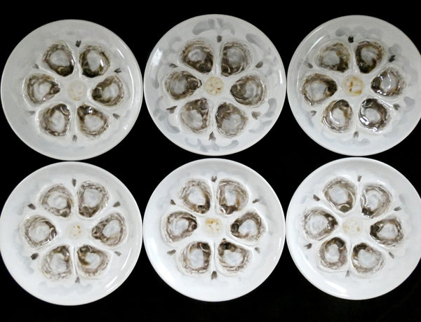 6 Vintage St Amand France Oyster Plates, White, Brown and Gray hand painted Majolica Ceramic, circa 1950