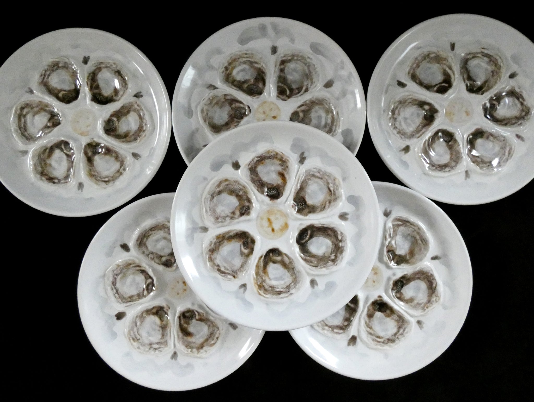 6 Vintage St Amand France Oyster Plates, White, Brown and Gray hand painted Majolica Ceramic, circa 1950