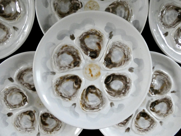 6 Vintage St Amand France Oyster Plates, White, Brown and Gray hand painted Majolica Ceramic, circa 1950