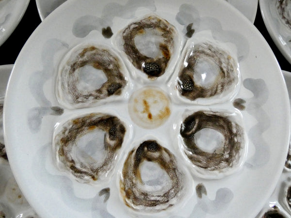 6 Vintage St Amand France Oyster Plates, White, Brown and Gray hand painted Majolica Ceramic, circa 1950