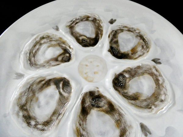 6 Vintage St Amand France Oyster Plates, White, Brown and Gray hand painted Majolica Ceramic, circa 1950