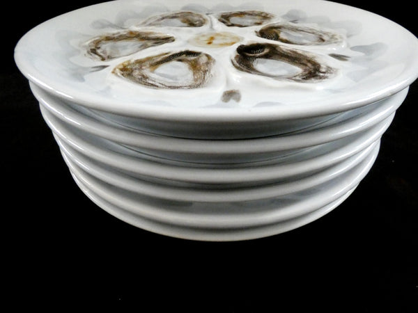 6 Vintage St Amand France Oyster Plates, White, Brown and Gray hand painted Majolica Ceramic, circa 1950