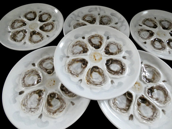 6 Vintage St Amand France Oyster Plates, White, Brown and Gray hand painted Majolica Ceramic, circa 1950