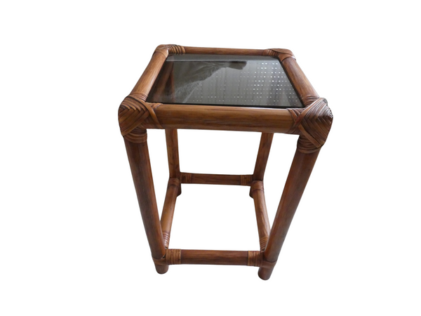 Vintage French Bamboo End/Side Table, Mid-century Plant Stand with Smoked Glass Top, Retro Vase Stand Statue Display