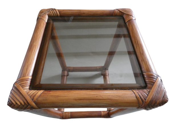 Vintage French Bamboo End/Side Table, Mid-century Plant Stand with Smoked Glass Top, Retro Vase Stand Statue Display