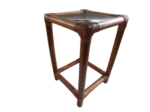 Vintage French Bamboo End/Side Table, Mid-century Plant Stand with Smoked Glass Top, Retro Vase Stand Statue Display