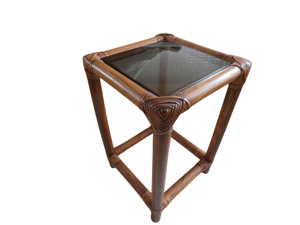 Vintage French Bamboo End/Side Table, Mid-century Plant Stand with Smoked Glass Top, Retro Vase Stand Statue Display