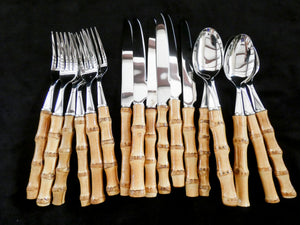 18 pcs. Bamboo Handle Cutlery, Bamboo and Stainless Steel Flatware , Natural Bamboo Utensils, Bamboo Silverware