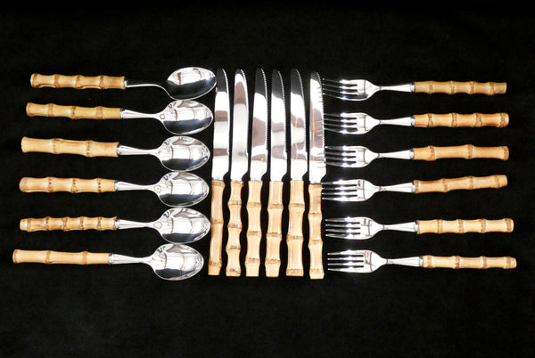 18 pcs. Bamboo Handle Cutlery, Bamboo and Stainless Steel Flatware , Natural Bamboo Utensils, Bamboo Silverware