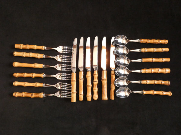 18 pcs. Bamboo Handle Cutlery, Bamboo and Stainless Steel Flatware , Natural Bamboo Utensils, Bamboo Silverware