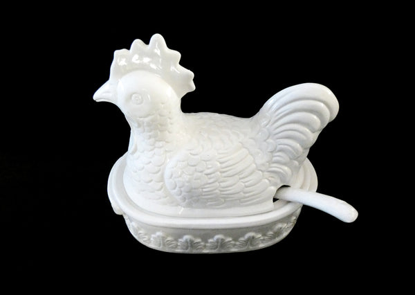 Bassano Chicken Tureen, Vintage Majolica Hen Soup Tureen, Italian Ceramic Rooster Covered Dish Bassano Pottery 60s