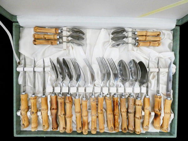 24 pcs.Vintage Bamboo Handle Cutlery France, Bamboo Handle Flatware Set, Natural Bamboo and Stainless Steel Dinner Set, France 60s