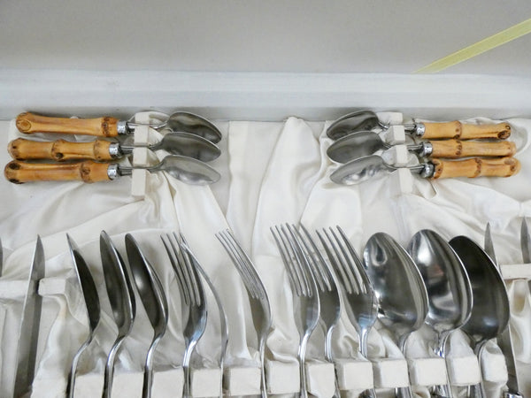 24 pcs.Vintage Bamboo Handle Cutlery France, Bamboo Handle Flatware Set, Natural Bamboo and Stainless Steel Dinner Set, France 60s