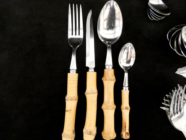 24 pcs.Vintage Bamboo Handle Cutlery France, Bamboo Handle Flatware Set, Natural Bamboo and Stainless Steel Dinner Set, France 60s
