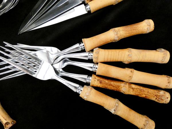 24 pcs.Vintage Bamboo Handle Cutlery France, Bamboo Handle Flatware Set, Natural Bamboo and Stainless Steel Dinner Set, France 60s