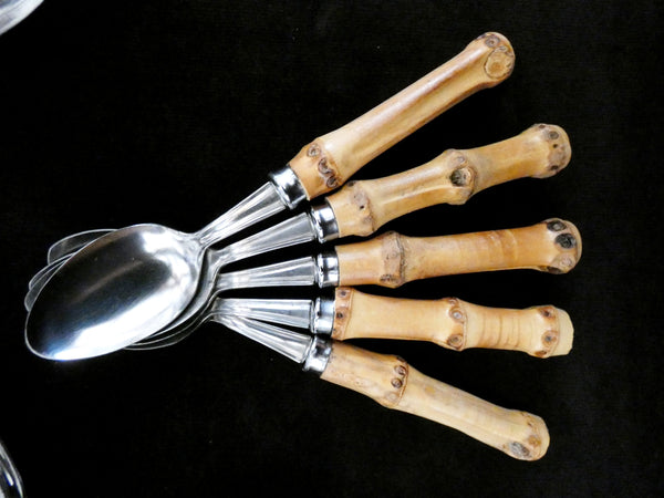24 pcs.Vintage Bamboo Handle Cutlery France, Bamboo Handle Flatware Set, Natural Bamboo and Stainless Steel Dinner Set, France 60s