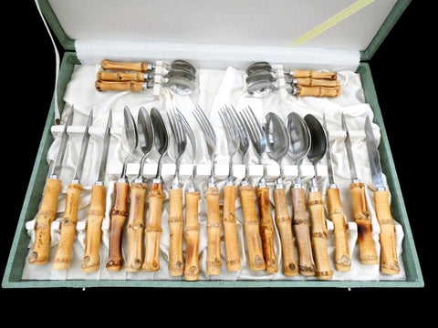 24 pcs.Vintage Bamboo Handle Cutlery France, Bamboo Handle Flatware Set, Natural Bamboo and Stainless Steel Dinner Set, France 60s