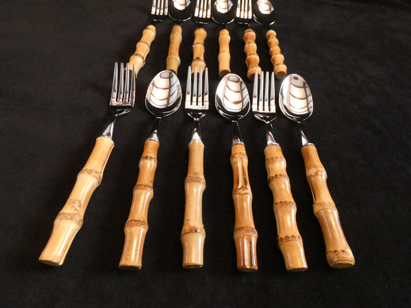 Bamboo Handle Flatware Dessert Set, Bamboo Handle Teaspoon, Vintage Bamboo Cake Server, Bamboo Handle Salad Server Set