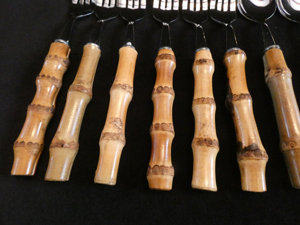 Bamboo Handle Flatware Dessert Set, Bamboo Handle Teaspoon, Vintage Bamboo Cake Server, Bamboo Handle Salad Server Set
