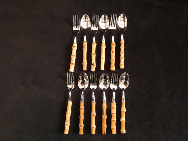 Bamboo Handle Flatware Dessert Set, Bamboo Handle Teaspoon, Vintage Bamboo Cake Server, Bamboo Handle Salad Server Set