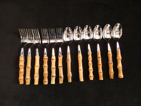 Bamboo Handle Flatware Dessert Set, Bamboo Handle Teaspoon, Vintage Bamboo Cake Server, Bamboo Handle Salad Server Set