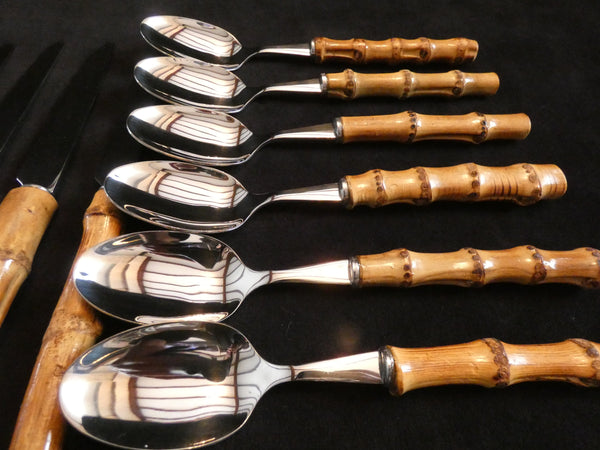 Set of 18 Vintage Bamboo Handle Flatware Set, Natural Bamboo Handles Cutlery and Stainless Steel , Handmade Bamboo Handle Dinner Set