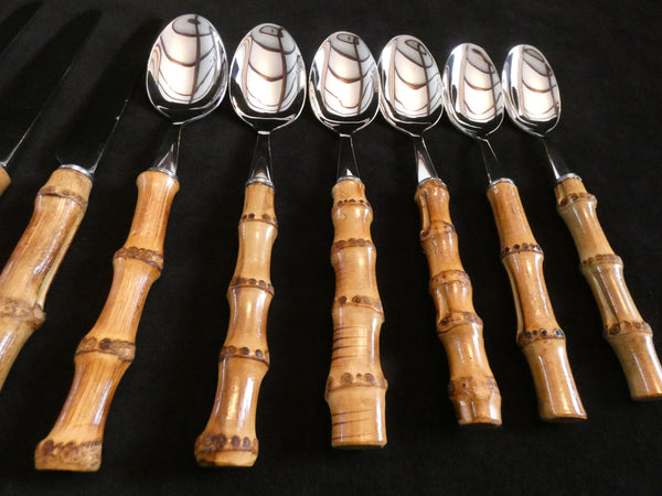 Set of 18 Vintage Bamboo Handle Flatware Set, Natural Bamboo Handles Cutlery and Stainless Steel , Handmade Bamboo Handle Dinner Set